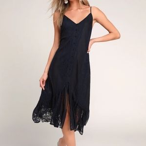 Lulu's Navy Blue Lace Button Front Midi Dress